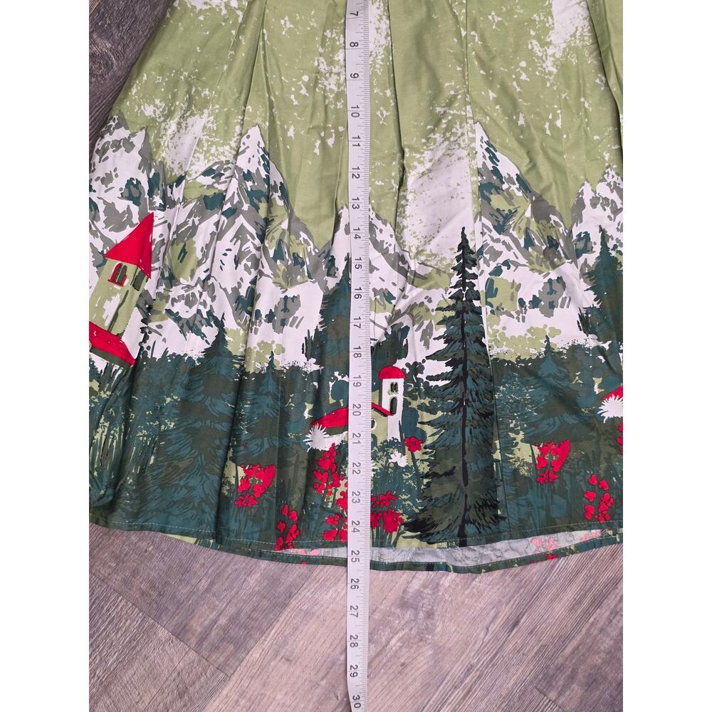 Dressoar Green Alpine Village Mountain Scene Pleated A-Line Skirt Size M NWT - Picture 5 of 7